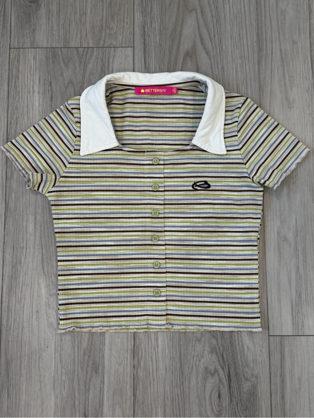 Bettersky Striped Crop Polo Top in White, Green & Black